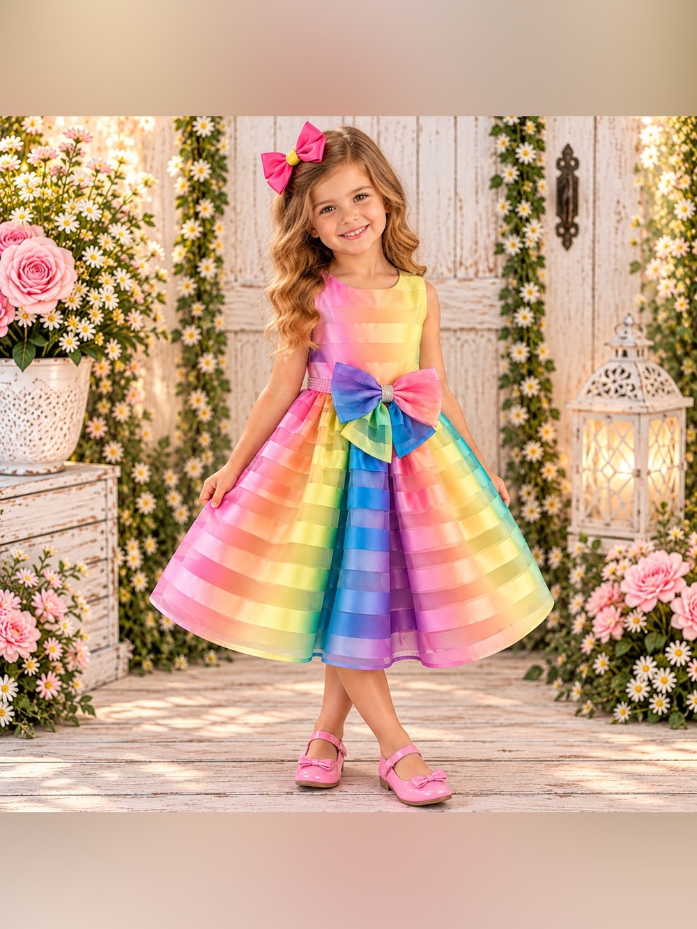 Jona Michelle Girls Size 5 Rainbow Striped Party Dress Bow EUC